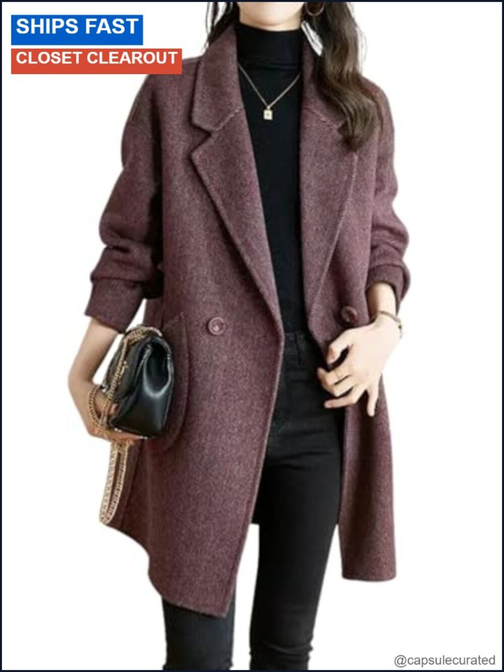 Women's Herringbone Wool Blend Double Breasted Pea Coat Notch Lapel